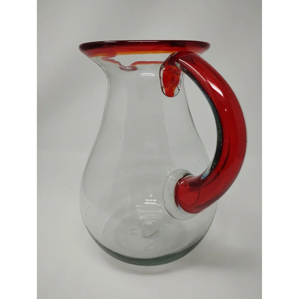 Boho Minimalist Mexican Style Hand Blown Glass Pitcher Recycled Serving Carafe
